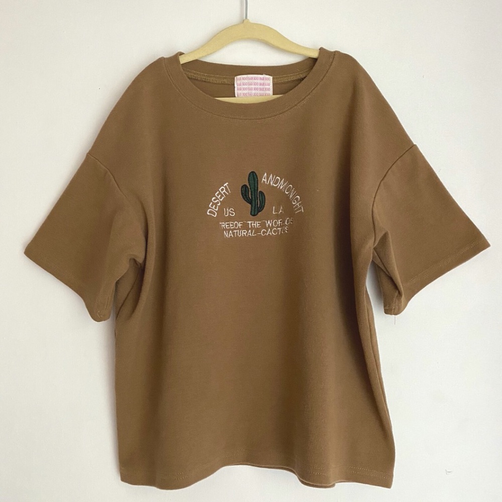 BAR SOO Vintage Embroidered Desert Cactus Knit Shirt Camel Brown Size S/M